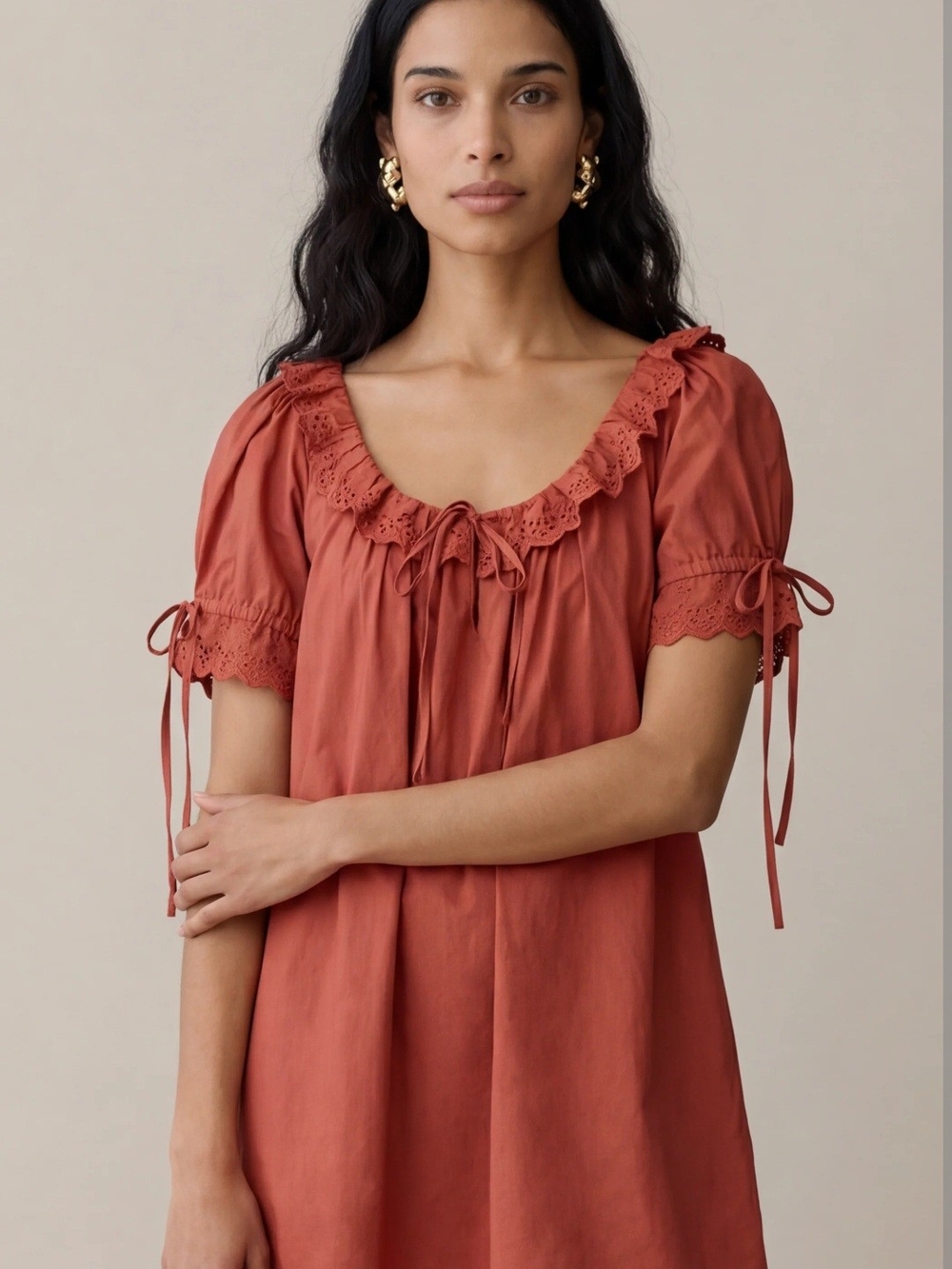 Few Moda Rust Mini Dress with Ruffled Neckline - Picture 3 of 10